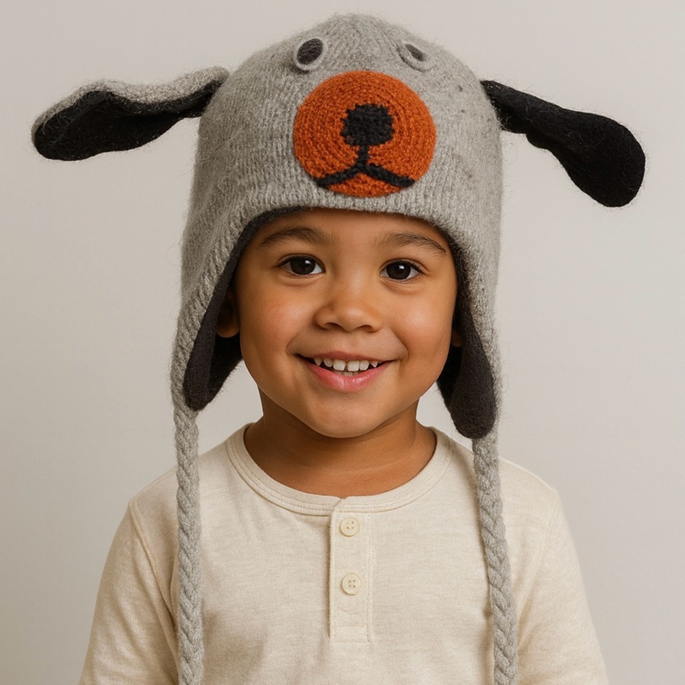 Handmade 100% Wool Dog Earflap Winter Hat Kids 3-4Y Made in Nepal Fleece Lined
